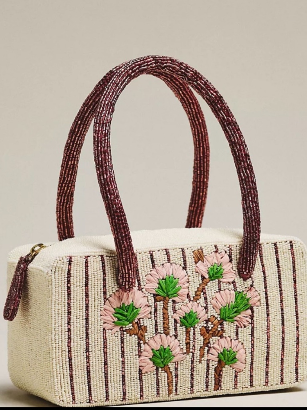 Anthropologie Embroidered Cream Beaded Top-Handle Bag with Pink Floral Detail